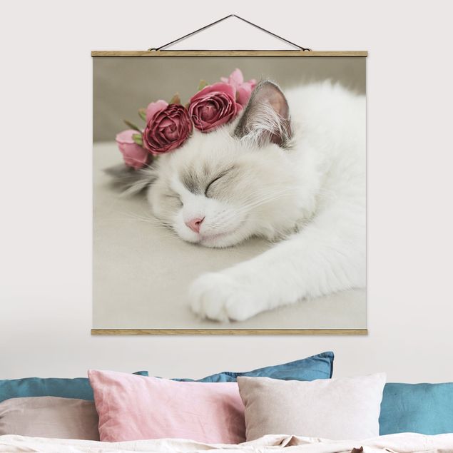 Stoffbild mit Posterleisten - Schlafende Katze mit Rosen - Quadrat 1:1