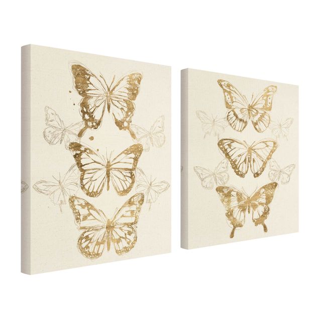 2-teiliges Leinwandbild - Schmetterlingskompositionen Gold