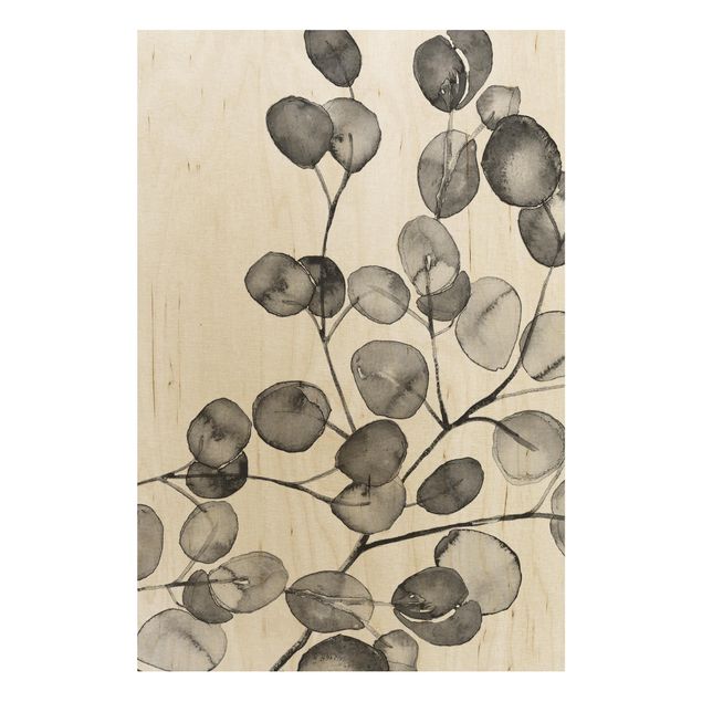 Holzbild - Schwarz Weiß Aquarell Eukalyptuszweig - Hochformat