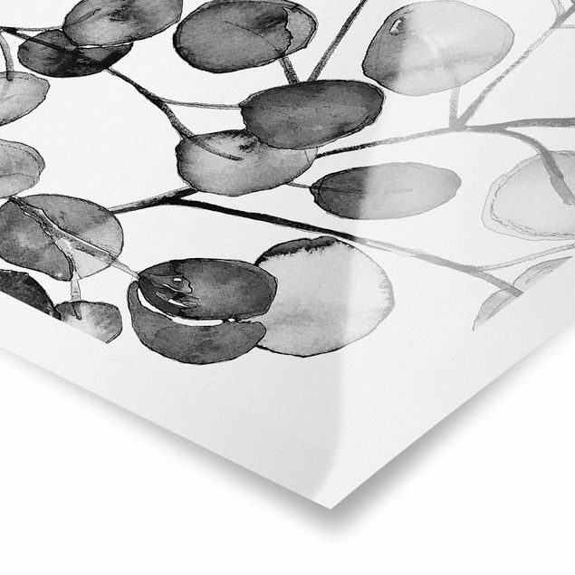 Poster - Schwarz Weiß Aquarell Eukalyptuszweig - Hochformat 3:4