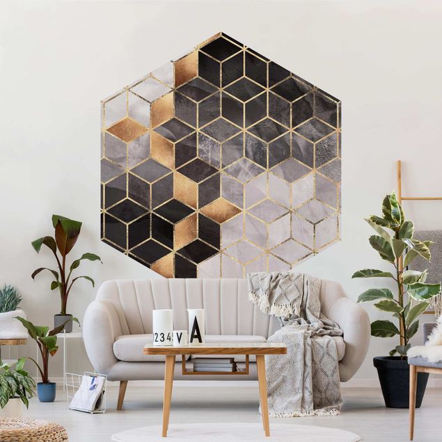 Hexagon Mustertapete selbstklebend - Schwarz Weiß goldene Geometrie