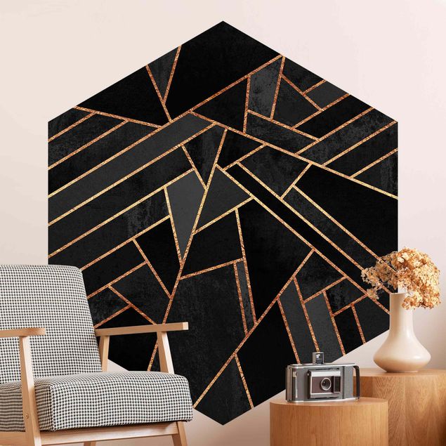 Hexagon Mustertapete selbstklebend - Schwarze Dreiecke Gold