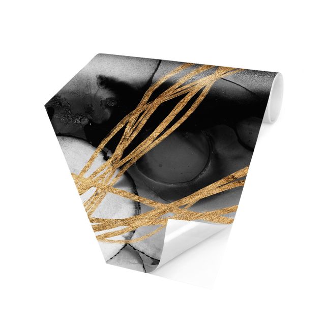 Hexagon Mustertapete selbstklebend - Schwarze Tusche mit goldenen Linien II
