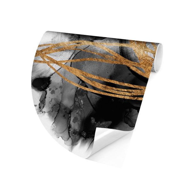 Runde Tapete selbstklebend - Schwarze Tusche mit goldenen Linien