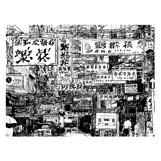 Magnettafel - Schwarzweiße Zeichnung Asiatische Straße - Querfromat 4:3