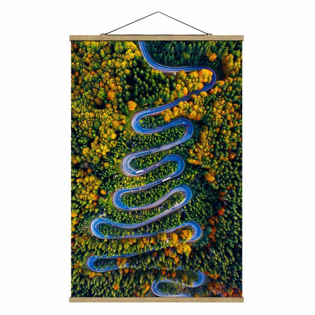 Stoffbild mit Posterleisten - Serpentine im Transsilvanischen Wald - Hochformat 2:3