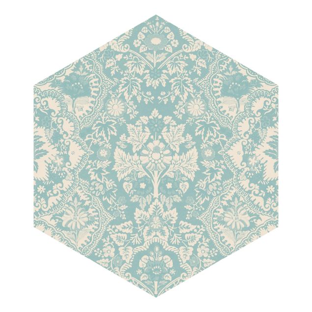 Hexagon Mustertapete selbstklebend - Shabby Barocktapete in Azur II