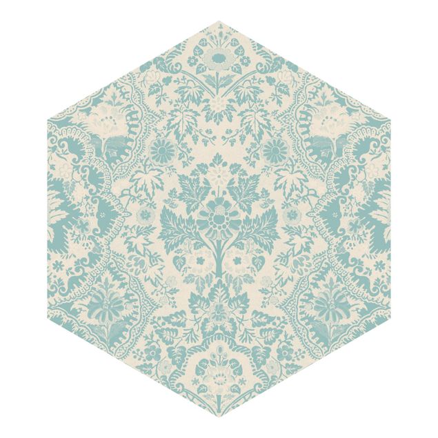 Hexagon Mustertapete selbstklebend - Shabby Barocktapete in Azur