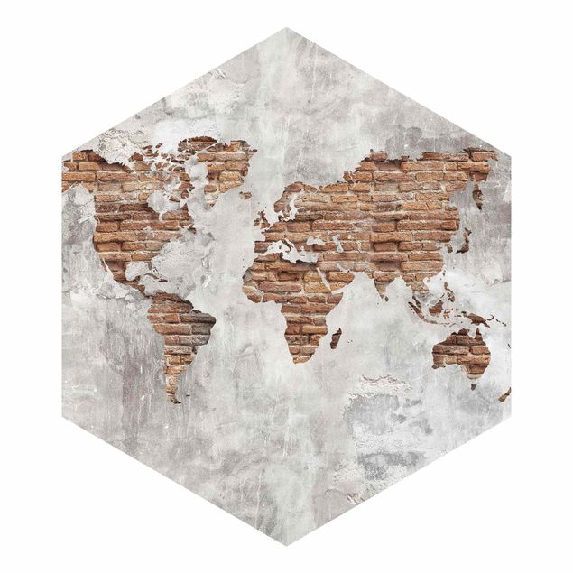 Hexagon Fototapete selbstklebend - Shabby Beton Backstein Weltkarte