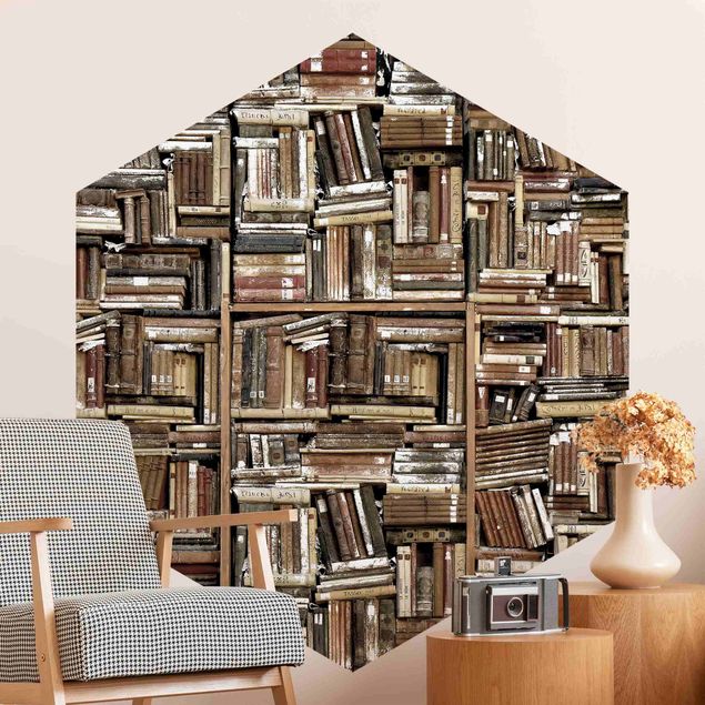 Hexagon Mustertapete selbstklebend - Shabby Bücherwand