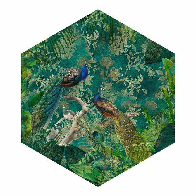 Hexagon Mustertapete selbstklebend - Shabby Chic Collage - Edler Pfau II