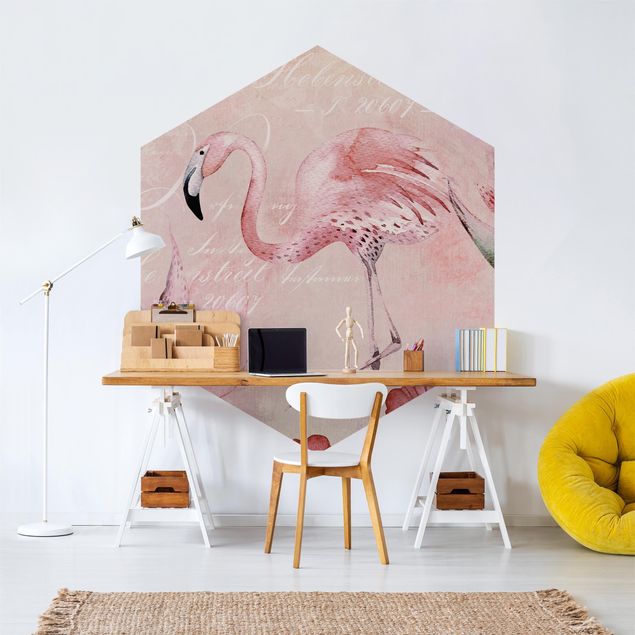 Hexagon Mustertapete selbstklebend - Shabby Chic Collage - Flamingo