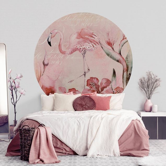 Runde Tapete selbstklebend - Shabby Chic Collage - Flamingo