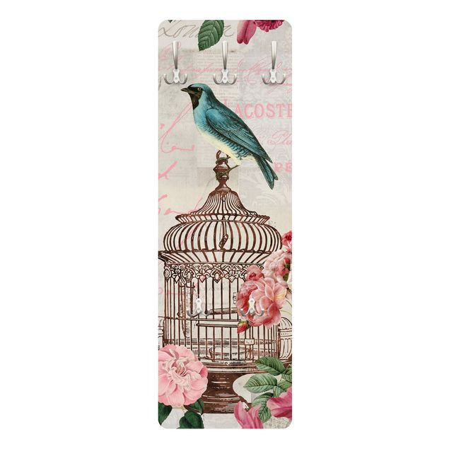 Garderobe - Shabby Chic Collage - Rosa Blüten und blaue Vögel