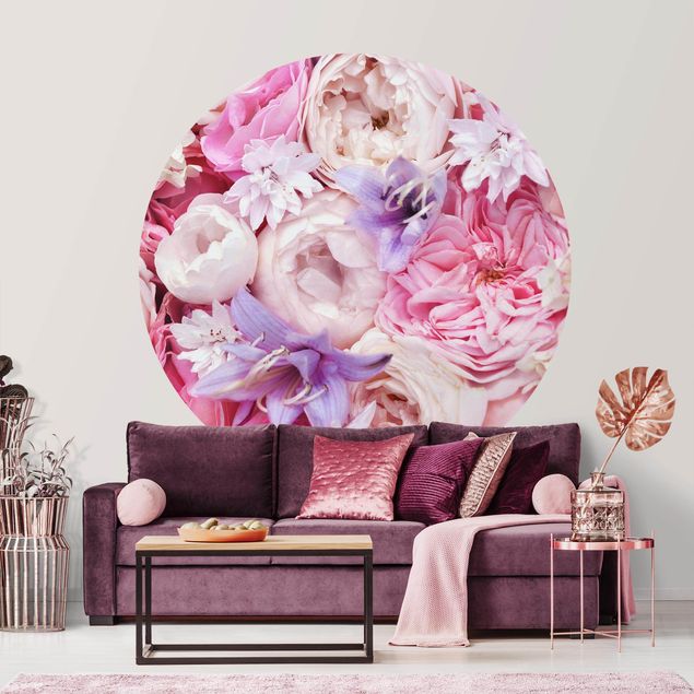 Runde Tapete selbstklebend - Shabby Rosen mit Glockenblumen