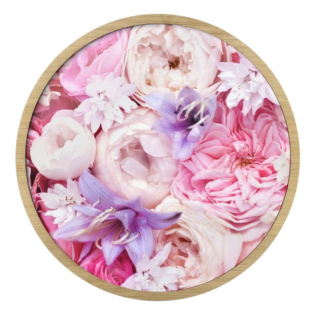 Rundes Gerahmtes Bild - Shabby Rosen mit Glockenblumen