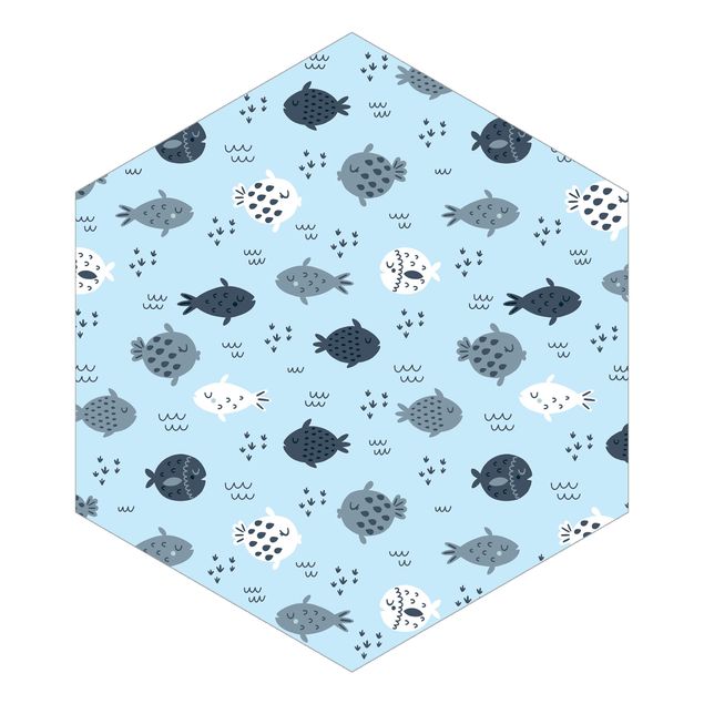 Hexagon Mustertapete selbstklebend - Skandinavische Fische in Pastellblau