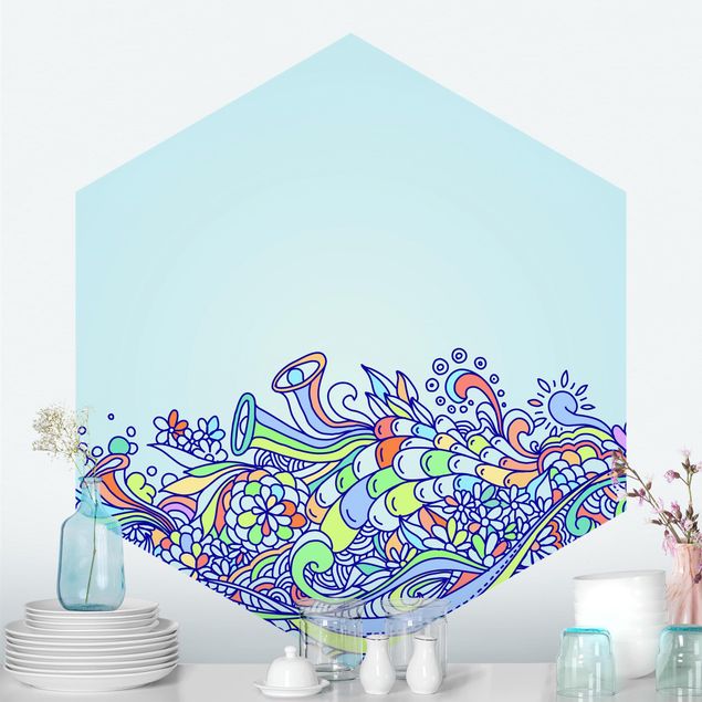 Hexagon Mustertapete selbstklebend - Sommerlicher Blütentraum