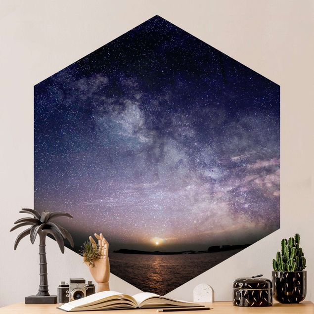 Hexagon Mustertapete selbstklebend - Sonne und Sternenhimmel am Meer