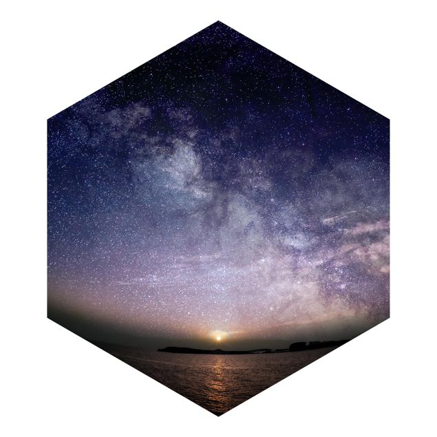Hexagon Mustertapete selbstklebend - Sonne und Sternenhimmel am Meer