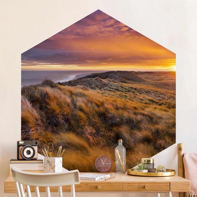 Hexagon Mustertapete selbstklebend - Sonnenaufgang am Strand auf Sylt
