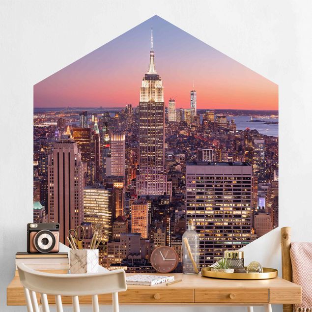 Hexagon Mustertapete selbstklebend - Sonnenuntergang Manhattan New York City