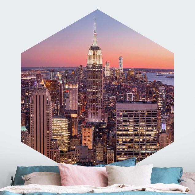 Hexagon Mustertapete selbstklebend - Sonnenuntergang Manhattan New York City