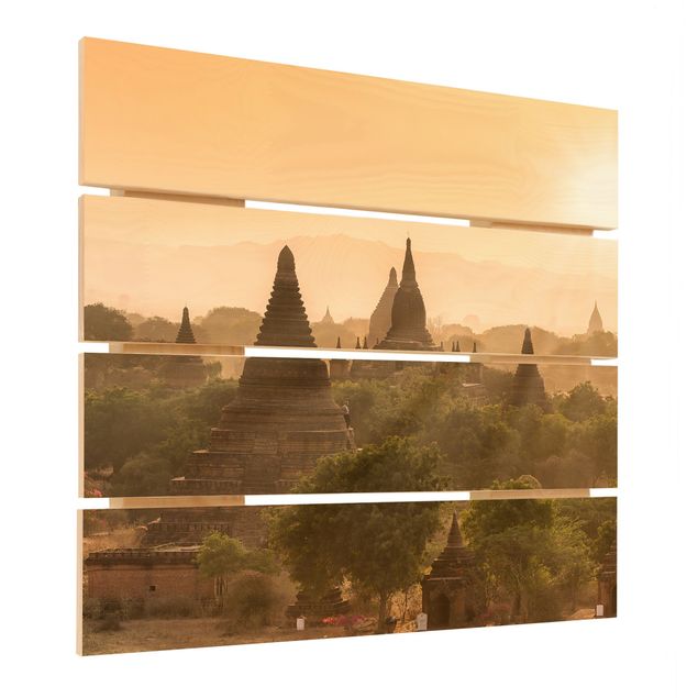 Holzbild - Sonnenuntergang über Bagan - Quadrat