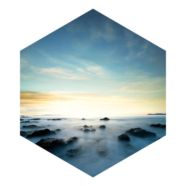 Hexagon Mustertapete selbstklebend - Sonnenuntergang über dem Ozean