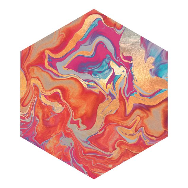 Hexagon Mustertapete selbstklebend - Spiel der Farben Goldenes Feuer
