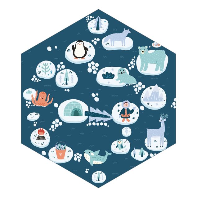 Hexagon Mustertapete selbstklebend - Spielteppich Antarktis - Eisbär Rudi möchte Fisch