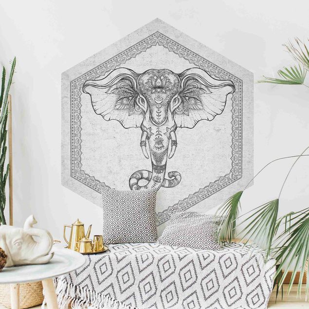 Hexagon Mustertapete selbstklebend - Spiritueller Elefant in Betonoptik