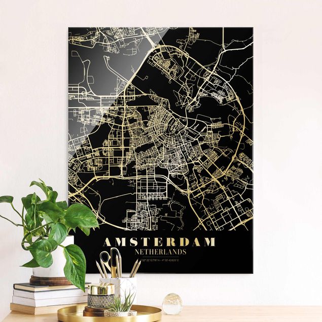 Glas Magnetboard Stadtplan Amsterdam - Klassik Schwarz