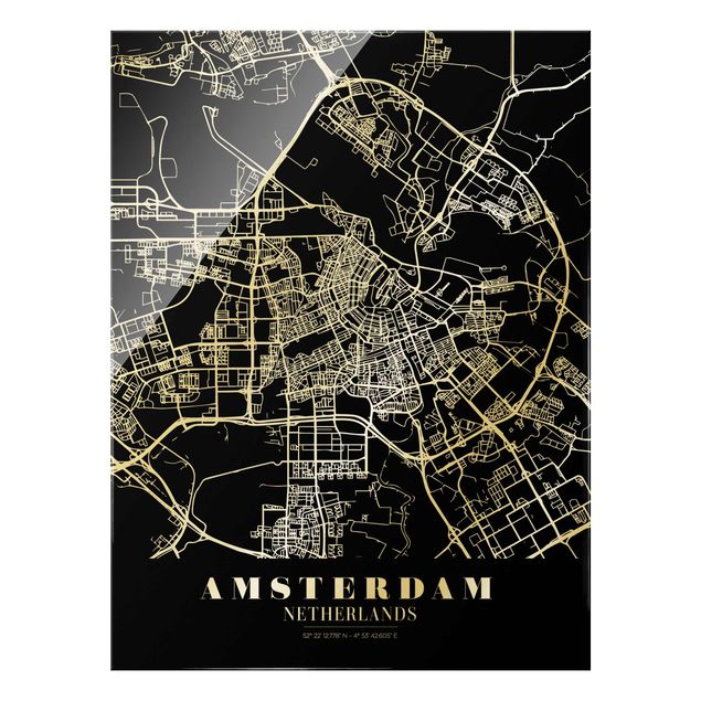 Glasbild - Stadtplan Amsterdam - Klassik Schwarz - Hochformat 3:4