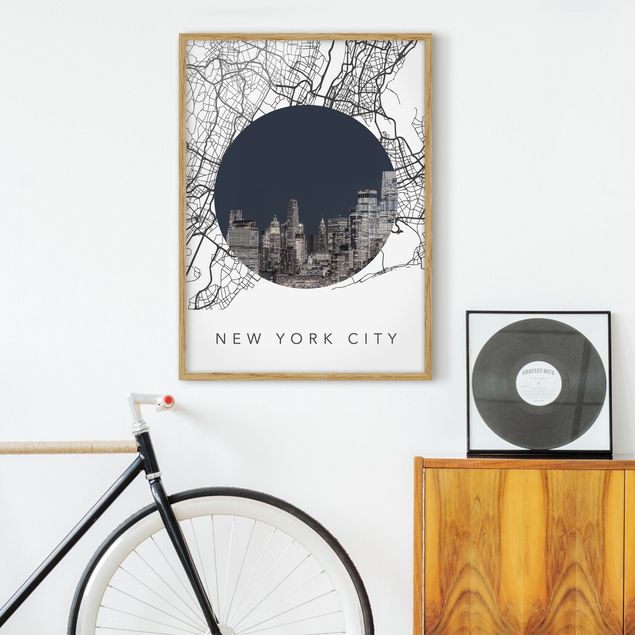Bild mit Rahmen - Stadtplan Collage New York City - Hochformat