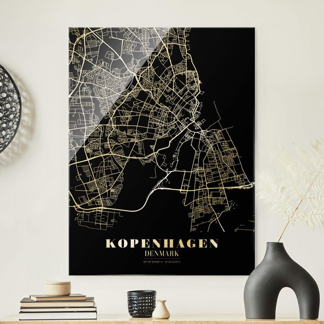 Glas Magnettafel Stadtplan Kopenhagen - Klassik Schwarz