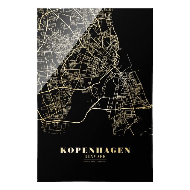 Glasbild - Stadtplan Kopenhagen - Klassik Schwarz - Hochformat 2:3
