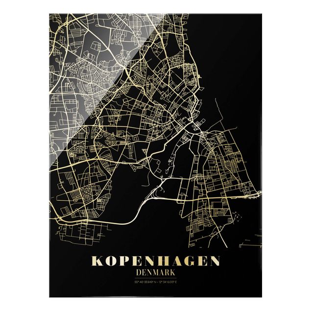 Glasbild - Stadtplan Kopenhagen - Klassik Schwarz - Hochformat 3:4
