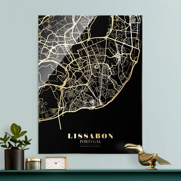 Glasbild - Stadtplan Lissabon - Klassik Schwarz - Hochformat 3:4