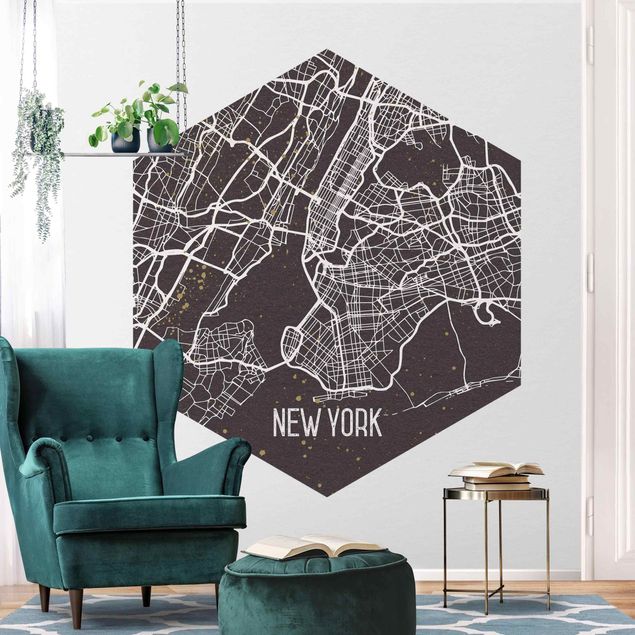 Hexagon Mustertapete selbstklebend - Stadtplan New York- Retro