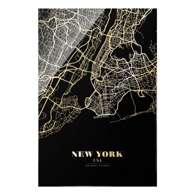 Glasbild - Stadtplan New York - Klassik Schwarz - Hochformat 2:3