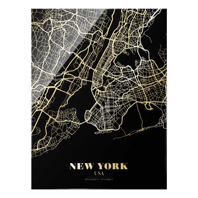 Glasbild - Stadtplan New York - Klassik Schwarz - Hochformat 3:4