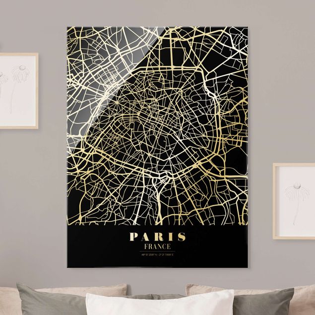 Glasbild - Stadtplan Paris - Klassik Schwarz - Hochformat 3:4