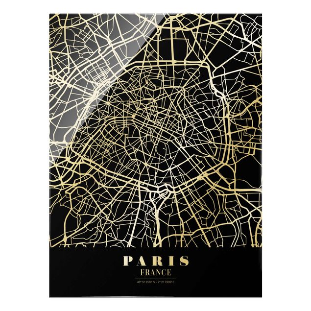 Glasbild - Stadtplan Paris - Klassik Schwarz - Hochformat 3:4