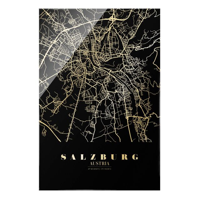 Glasbild - Stadtplan Salzburg - Klassik Schwarz - Hochformat 2:3