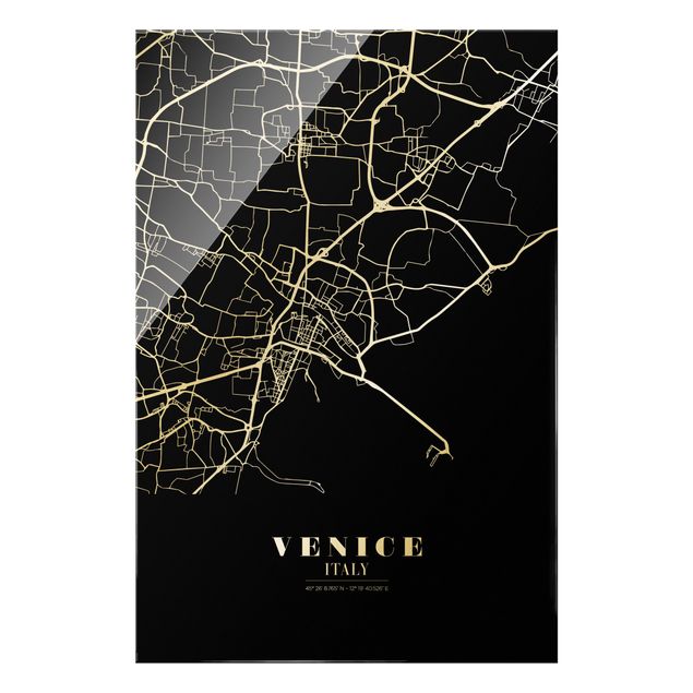 Glasbild - Stadtplan Venedig - Klassik Schwarz - Hochformat 2:3