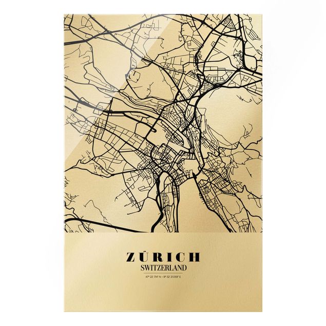 Glasbild - Stadtplan Zürich - Klassik - Hochformat 2:3