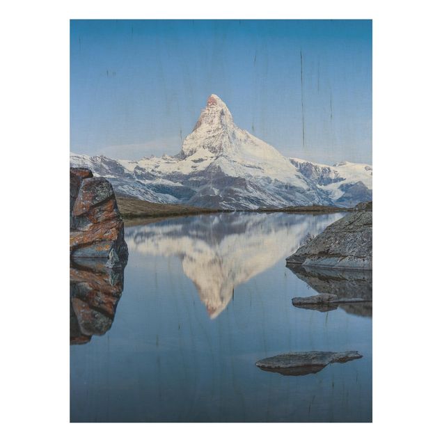 Holzbild - Stellisee vor dem Matterhorn - Hochformat