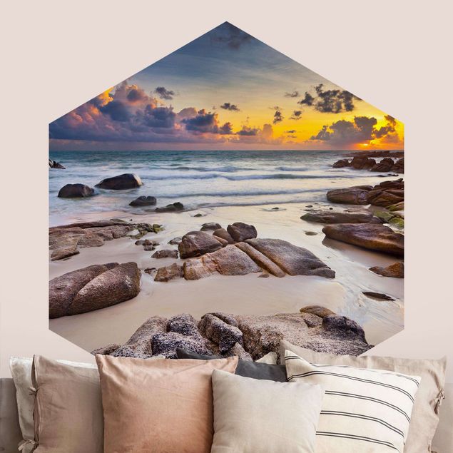 Hexagon Mustertapete selbstklebend - Strand Sonnenaufgang in Thailand