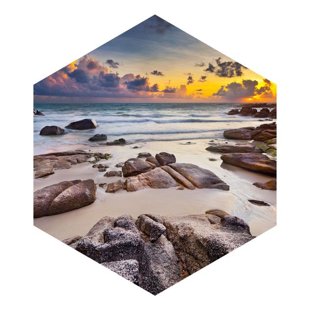 Hexagon Mustertapete selbstklebend - Strand Sonnenaufgang in Thailand